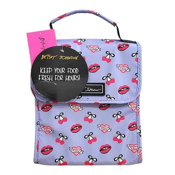 Betsey Johnson Insulated Lunch Tote Lavender Cherry Lip Print XOX Betsey Hearts - Picture 1 of 10